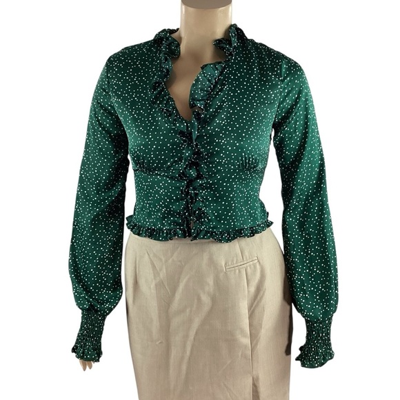 DO+BE Green Polka Dot Ruffle V-Neck Blouse Long Sleeve Size L - Picture 1 of 7